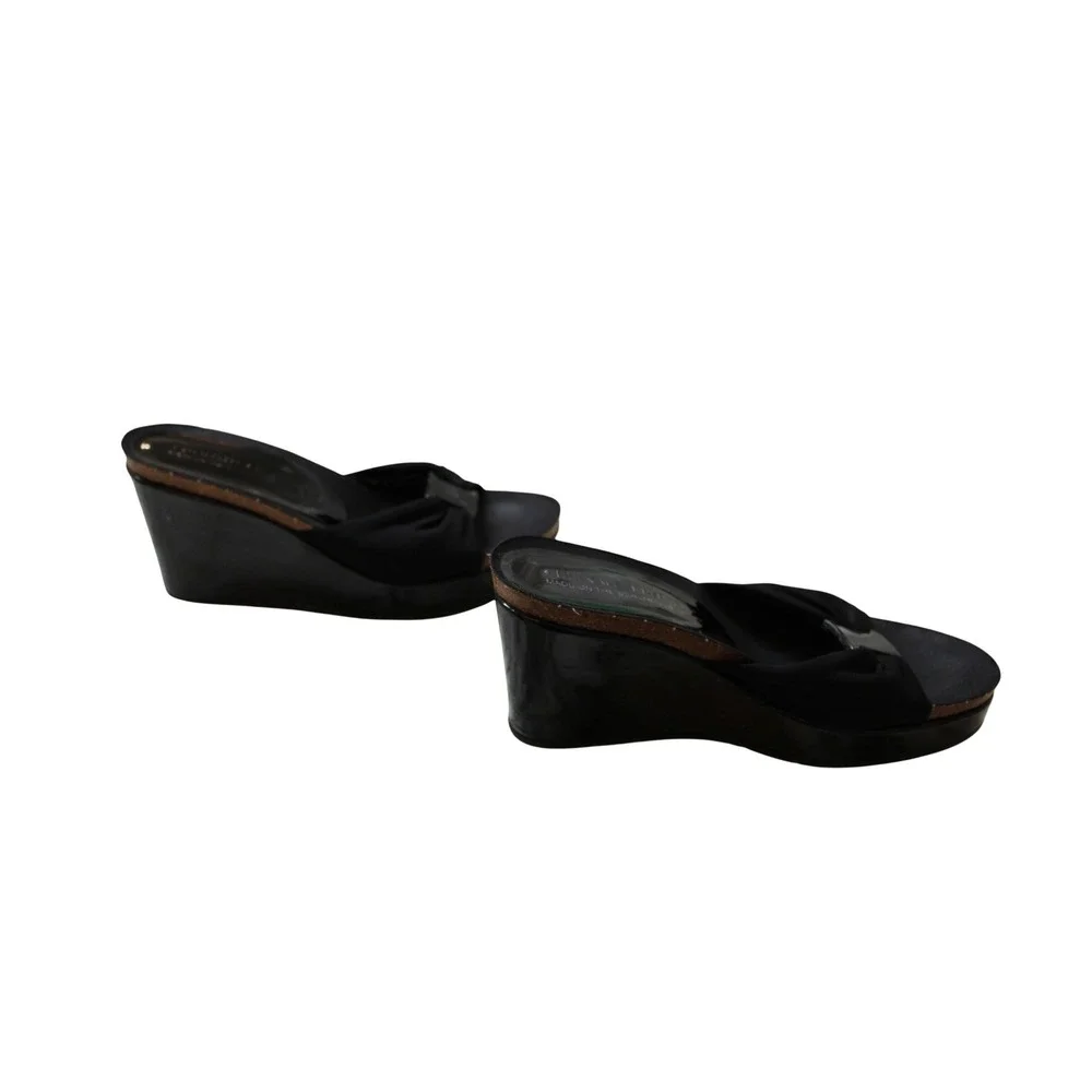 Donald J Pliner Wedge Sandals Womens‎ Black Patent Good Spain Fabric Bow Slide